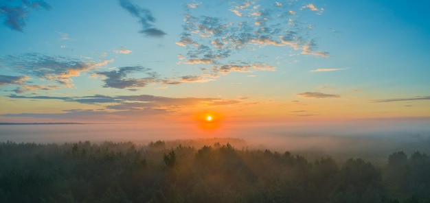 Foto malerisches panorama einer sommerdämmerung mit nebel über den baumspitzen mit sonne am himmel und wolken