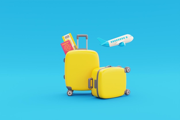 Maleta 3D con pasaporte y avión volando sobre fondo azul Turismo y concepto de viaje vacaciones vacaciones viaje en todo el mundo viaje 3d renderizado