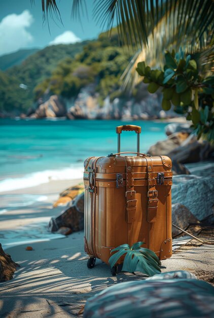 Foto maleta abandonada numa praia tropical.