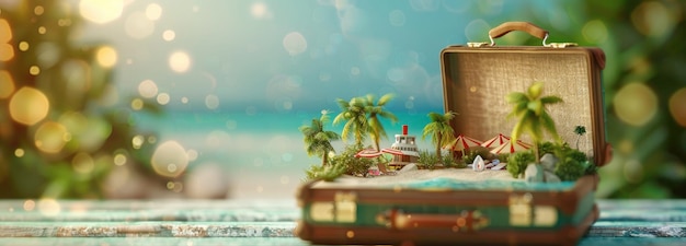Foto maleta aberta com cena de praia em miniatura dentro