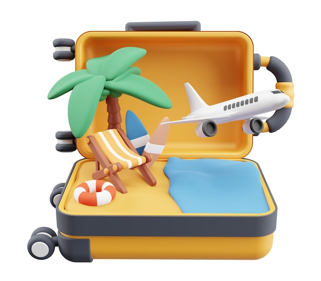 Maleta abierta en 3D con silla de playa, boya, tabla de surf de avión y árbol de coco