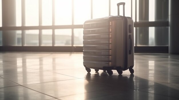 Una maleta en un aeropuerto con la palabra viajar
