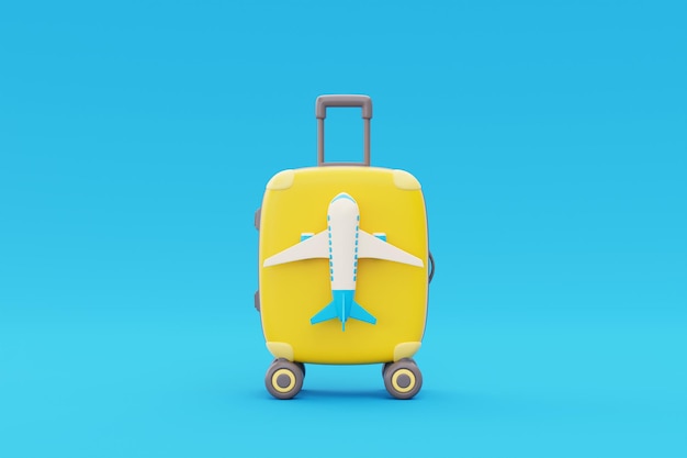 Maleta amarilla 3D con avión aislado Turismo y viajes concepto vacaciones vacaciones naturaleza viaje 3d render