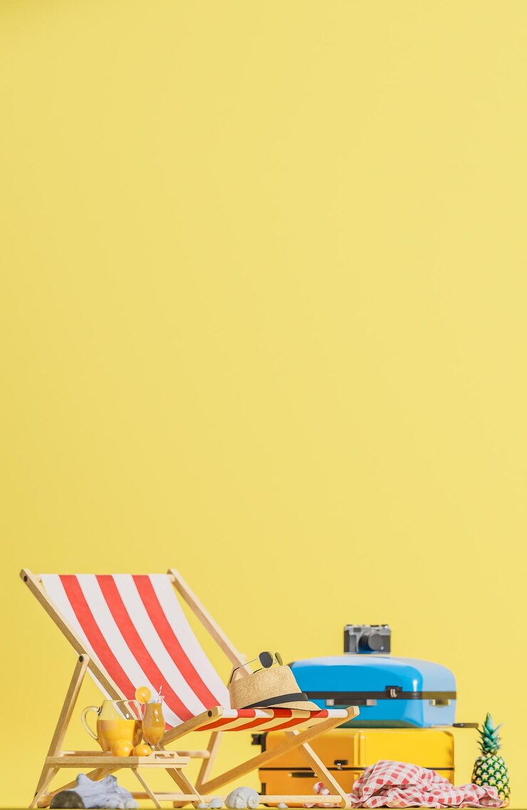 Maleta amarilla y azul con silla de playa y accesorios de viaje sobre fondo amarillo Concepto de viaje de verano Modelo e ilustración 3d