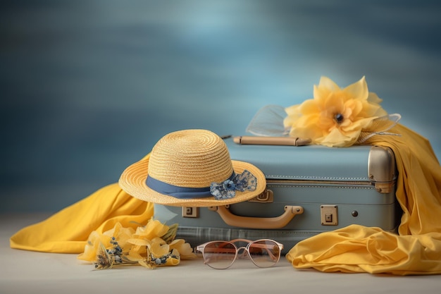Maleta amarilla y azul con sombrero de sol y gafas