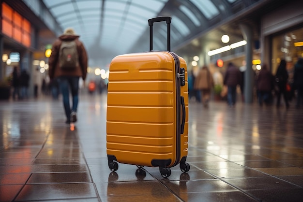 Maleta amarilla contra el fondo de una multitud de pasajeros en el aeropuerto o la estación de tren