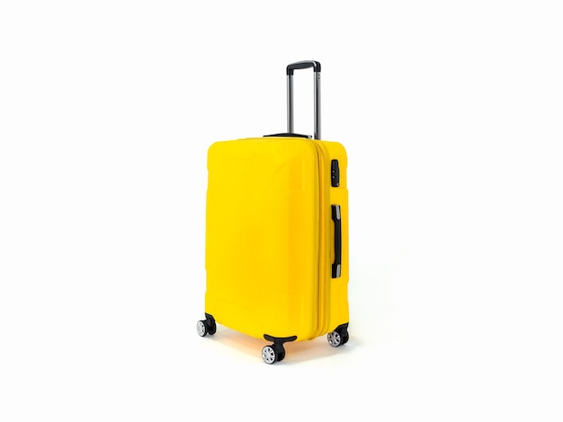 Maleta amarilla o equipaje amarillo para viajar en blanco.