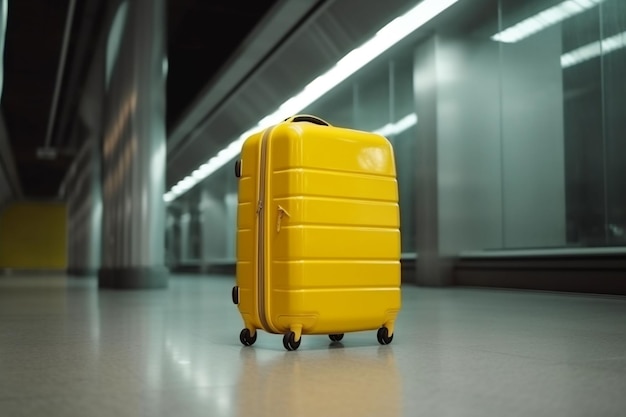 Foto una maleta amarilla está en un pasillo con una luz en ella