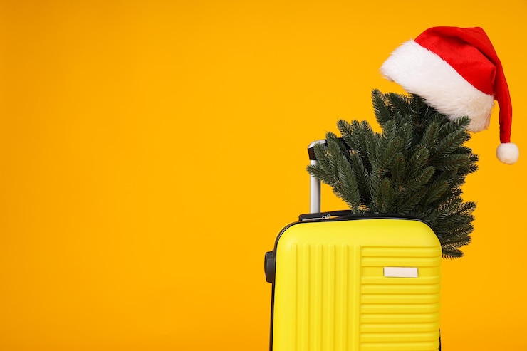 Una maleta amarilla con una rama de árbol de Navidad.