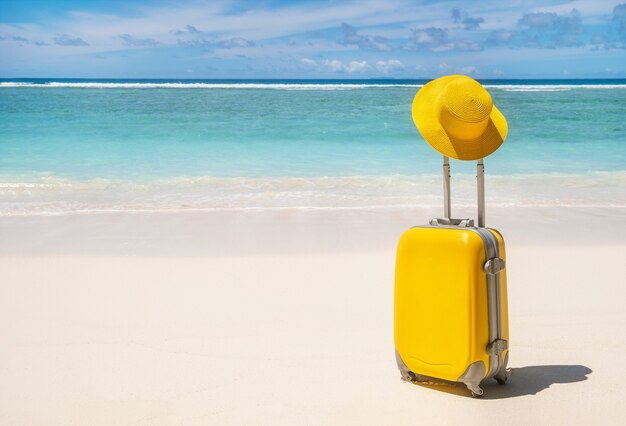 Maleta amarilla con sombrero amarillo en la playa tropical vacía con agua turquesa