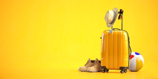 Maleta amarilla con sombrero de botas y gafas de sol sobre fondo amarillo Concepto de viajes y turismo