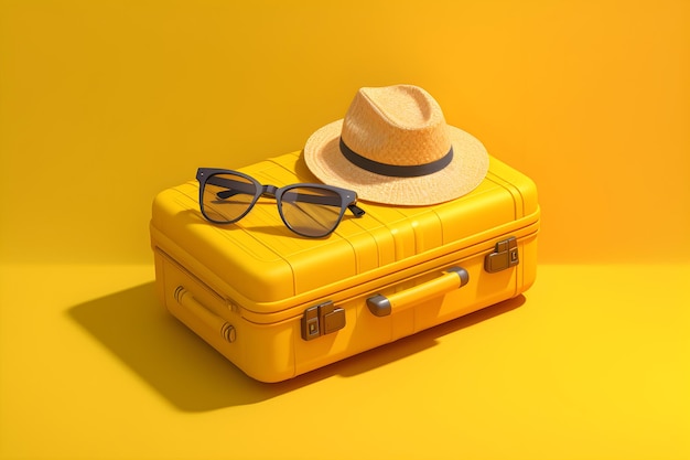 Una maleta amarilla con sombrero y gafas de sol.