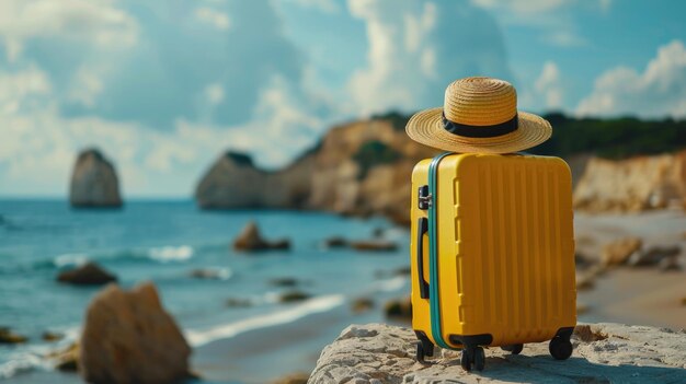 Una maleta amarilla con un sombrero en la orilla del mar