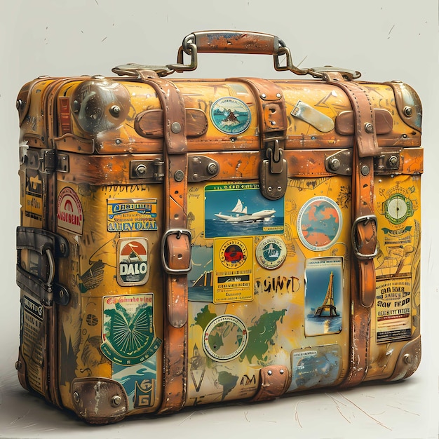 Foto maleta antiga adornada com adesivos e crachás de viagem