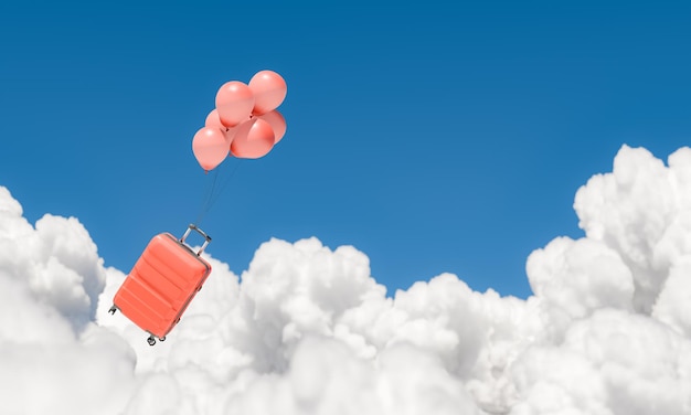 Foto maleta atada a globos que vuelan entre las nubes esponjosas