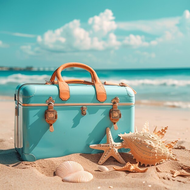 Foto una maleta azul con una bolsa de playa en la playa