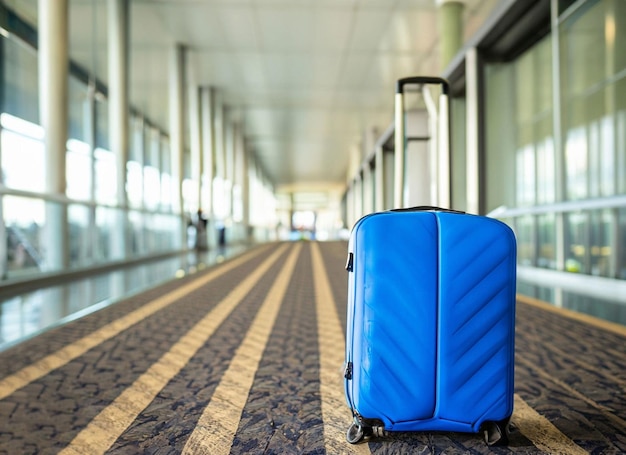 Una maleta azul está en el suelo de un aeropuerto.