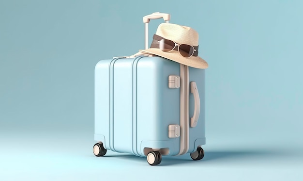Maleta azul con gafas de sol sobre un concepto de viaje de fondo azul pastel IA generativa