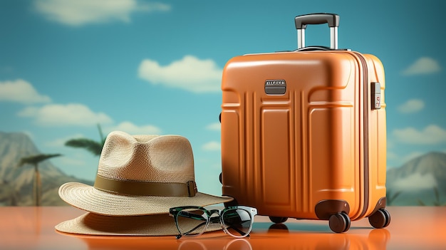 Foto maleta azul con sombrero de gafas de sol y cámara en el pasaporte