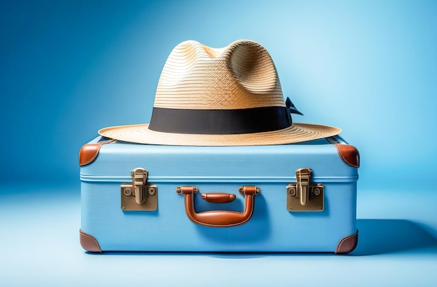 Maleta azul y sombrero de paja sobre fondo azul concepto de vacaciones generado por la IA