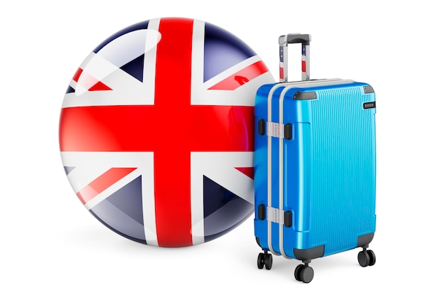 Maleta con bandera británica El concepto de viaje del Reino Unido Representación 3D