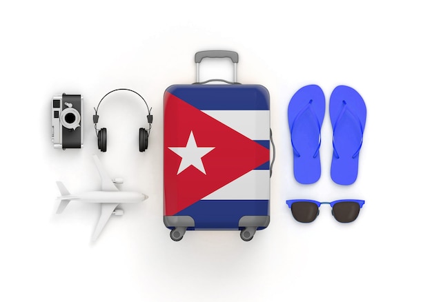 Foto la maleta con la bandera de cuba y los accesorios de viaje yacen planos d render