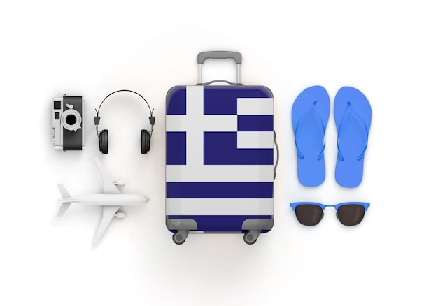 La maleta de la bandera de Grecia y los accesorios de viaje yacen planos d render