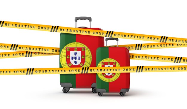 Maleta de bandera de portugal cubierta en cinta de zona de cuarentena d render