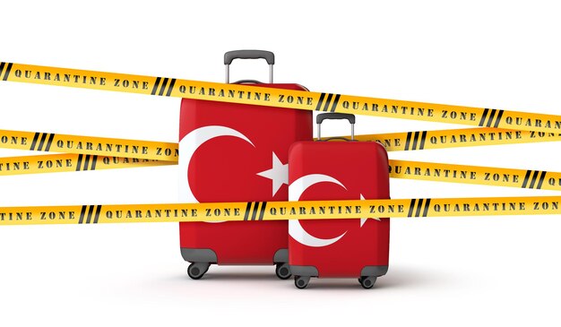 Maleta con bandera de Turquía cubierta con cinta de zona de cuarentena d render