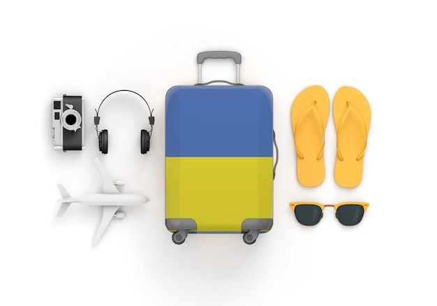 Maleta de bandera de ucrania y accesorios de viaje lay flat d render