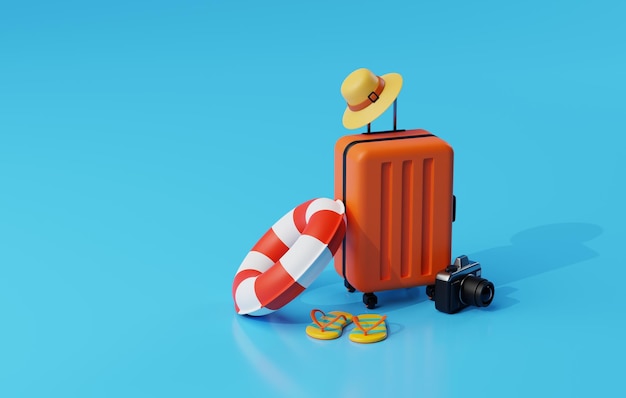 Maleta cámara flip flops anillo de natación inflable y sombrero de paja para viajeros renderizado en 3D