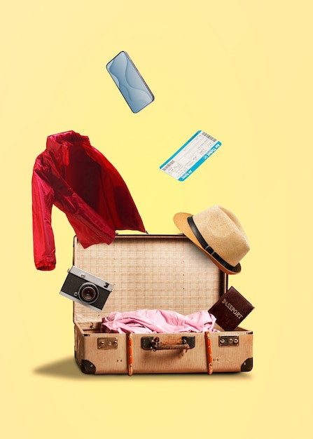 Maleta com itens de viagem no estúdio