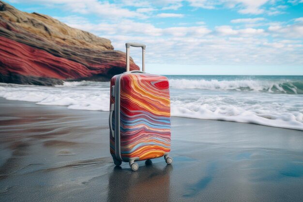 Maleta de viagem vibrante com rodas na praia enfatizando viagens e turismo perto do oceano