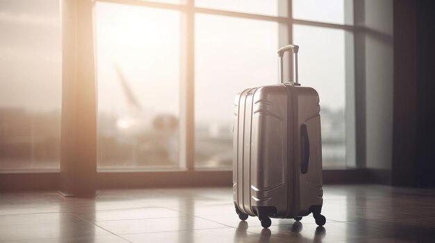 Una maleta se encuentra en un aeropuerto con un avión al fondo.