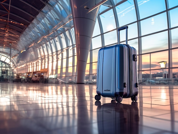 Maleta de equipaje en el aeropuerto amplia pancarta con espacio de copia para vacaciones y viajes de vacaciones conceptos generativ Ai