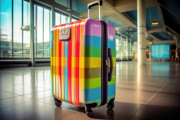 Maleta de equipaje colorida en el aeropuerto Concepto de viaje IA generativa
