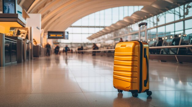 Maleta en maletas vacías para viajeros de vacaciones en el aeropuerto en la zona de espera de la terminal del aeropuerto de salida