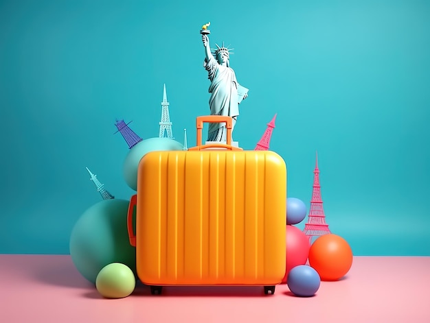 Una maleta naranja brillante con una estatua de la libertad encima.