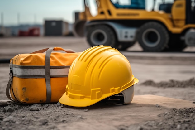 Maleta de obra con herramientas y casco de construcción amarillo IA generativa