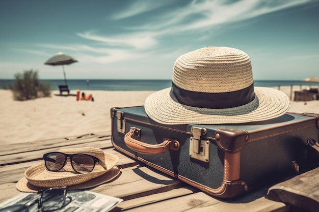 Una maleta en una playa con un sombrero y gafas de sol en la playa.