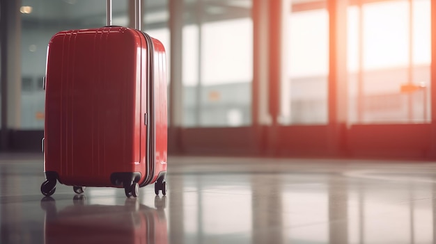 Una maleta roja está en una terminal del aeropuerto.