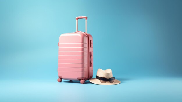 Foto maleta rosa con gafas de sol, sombrero y cámara sobre un fondo pastel