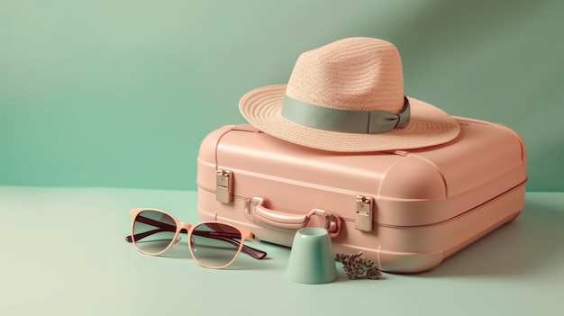 Una maleta rosa con sombrero y gafas de sol.