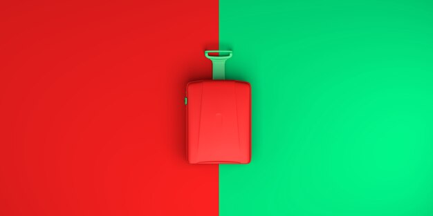 Maleta sobre fondo rojo y verde. Vista superior. Endecha plana. Ilustración 3D. Bandera.