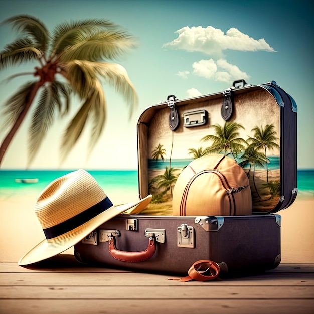 Una maleta con sombrero y palmera en la playa.