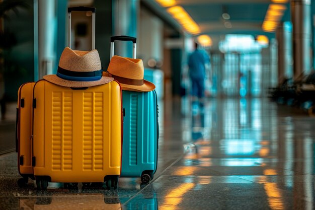 Maleta y sombrero en la sala de espera de la terminal del aeropuerto concepto de viaje vacaciones de verano