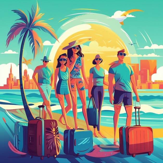 Maleta de vacaciones en la playa soleada ai generado ilustración de alta calidad