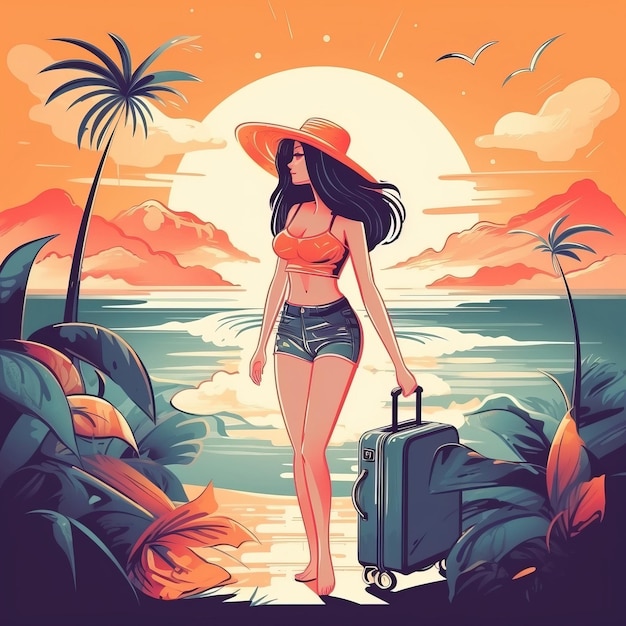 Maleta de vacaciones en la playa soleada ai generado ilustración de alta calidad