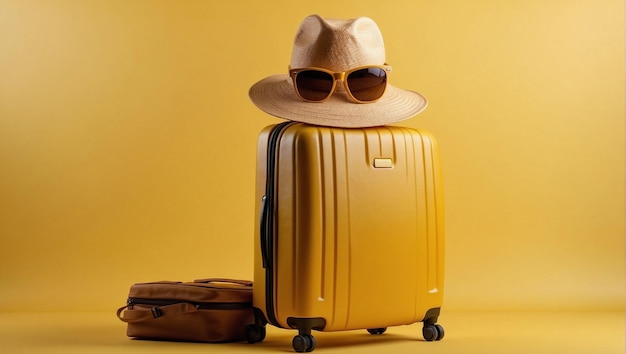 Maleta de viaje y accesorios de viaje sobre un fondo amarillo