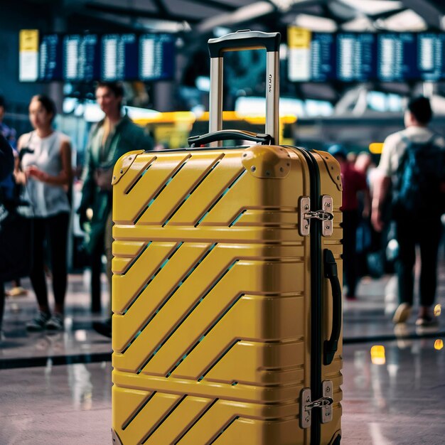 Maleta de viaje amarilla en el aeropuerto